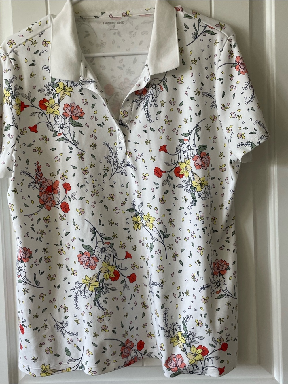 Lands' End White Floral Short-Sleeve Polo with Red and Yellow Blooms